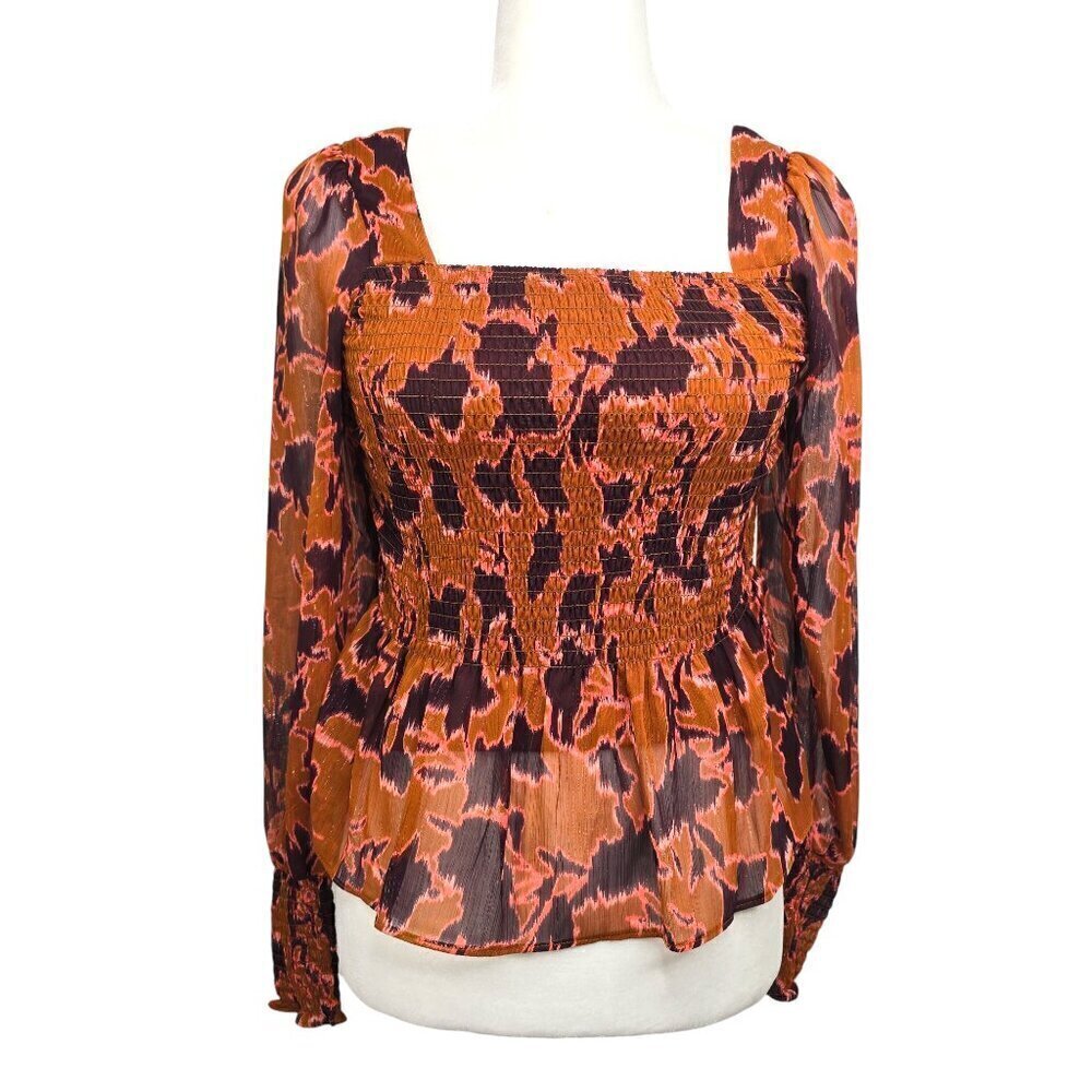 Nine West Smocked Mustard Brown Print Square neck Top